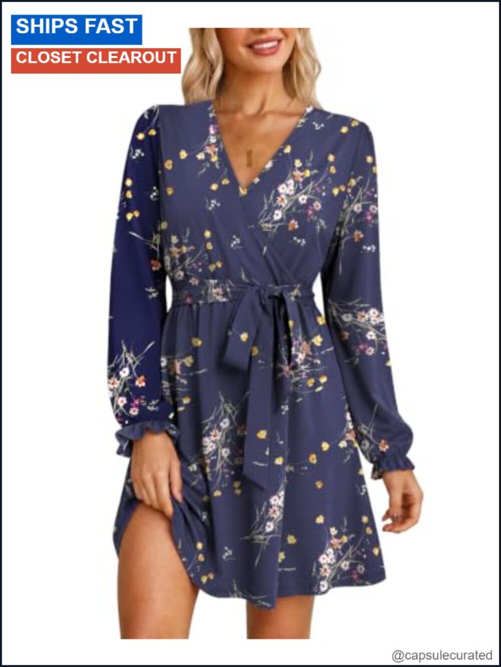Women's Wrap V Neck Long Sleeve A-Line Dress with Belt, Fall Floral Print, Knit